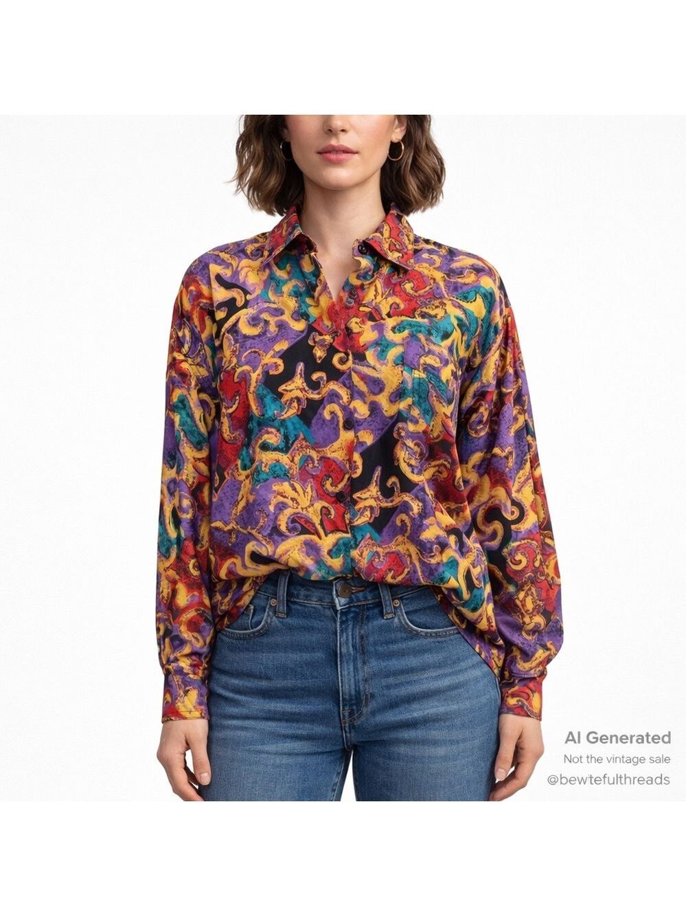 Joule M Multicolor Baroque Silk Blouse Vintage 80s Statement